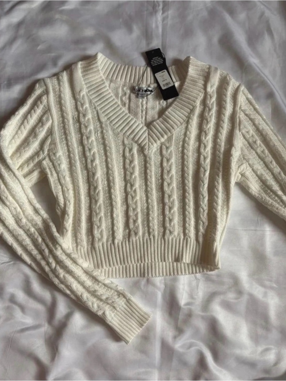 Fashion Nova Cream Cable Knit V-Neck Sweater